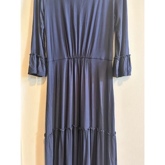 Boden Maxi Dress Size 2 Navy Blue Bell Sleeve V Neck Jersey Knit Tiered Ruffle - Picture 10 of 14